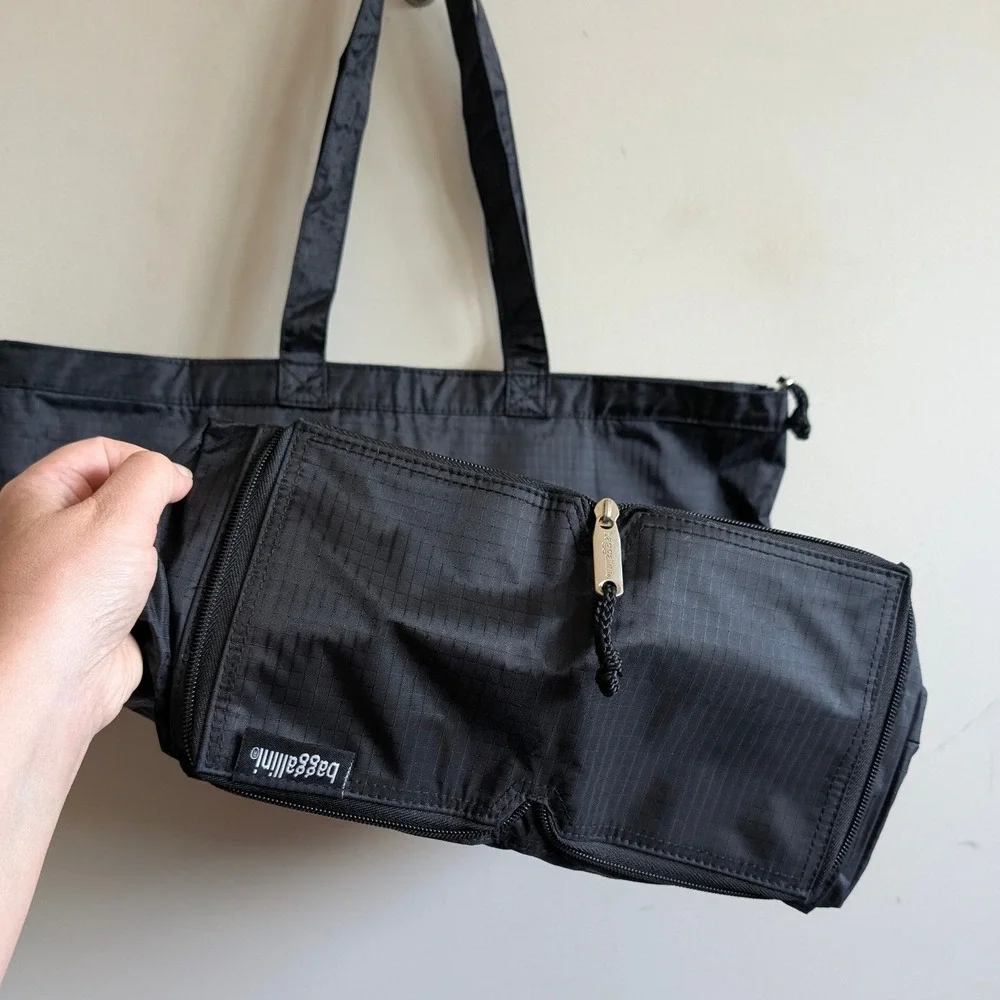 Baggallini Black Ripstop Nylon Foldable Travel Tote Bag with Zippered Bottom